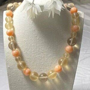 Vintage Mid-Century Clear/ Peach Lucite Round Beaded Necklace W/Floral Earrrings